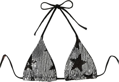 WDIRARA Women's Star Pattern Triangle Cup Halter Y2K Swim Tops Summer Tie Backless Sequin Patched Glitter Bikini Top in Saudi Arabia