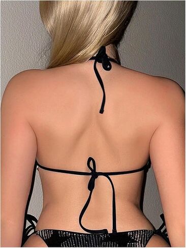 WDIRARA Women's Star Pattern Triangle Cup Halter Y2K Swim Tops Summer Tie Backless Sequin Patched Glitter Bikini Top in Saudi Arabia