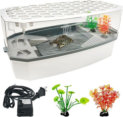 Hamiledyi Small Turtle Tank Kit with Lid Acrylic Turtle Aquarium with Water Pump Basking Platform Bottom Drainage Multi-Function Area Turtle Habitat for Turtles Crabs Crayfish Tortoises in Kuwait