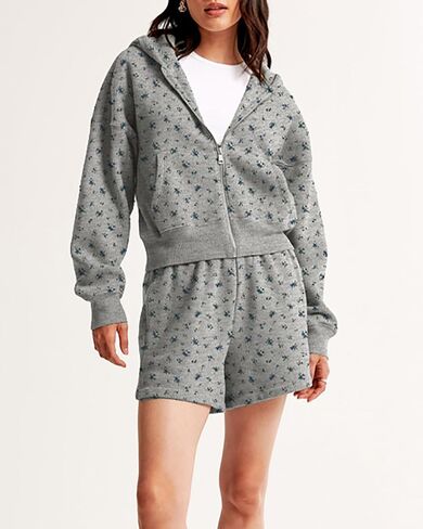 Women Cute Ditsy Floral Front Zip Up Cropped Jackets Hoodies Y2k Hooded Fleece Sweatshirts Trendy Fall Outfits in Saudi Arabia