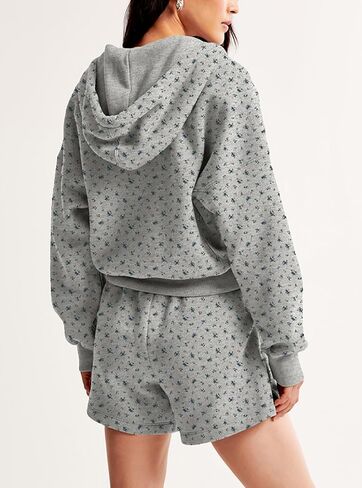 Women Cute Ditsy Floral Front Zip Up Cropped Jackets Hoodies Y2k Hooded Fleece Sweatshirts Trendy Fall Outfits in Saudi Arabia