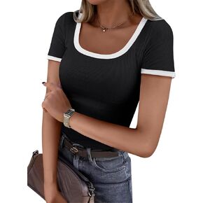 ANRABESS Women Short Sleeve Tops Square Neck Ribbed Knit Color Block T Shirts Fitted Casual Summer 2026 Trendy Basic Tees in Kuwait