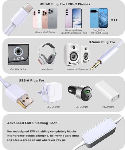 Aux to USB C,2-IN-1 USB C to Aux Cord with Charge Port Work for iPhone 16/15 Pro Max ,Car USB Type-C to 3.5mm Male Aux Audio Cable Support Calls & Fast Charging for Car Stereo, Speaker, Headphones in Kuwait