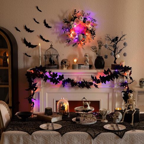 فاليري مادلين 24 بوصة إكليل الهالوين القابل للطي للباب الأمامي مع الأضواء، إكليل جمجمة اليقطين الأبيض المضاء مسبقًا والورود الوردية ديكورات الهالوين في الأماكن المغلقة لديكور الخريف محور الطاولة in Saudi Arabia