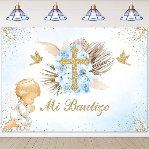 Avezano Mi Bautizo Backdrop Boho Baptism Party Decorations for Boy Blue Floral Angel God Bless Photography Background Christening Newborn Baby Shower Props(6x4ft) in Saudi Arabia