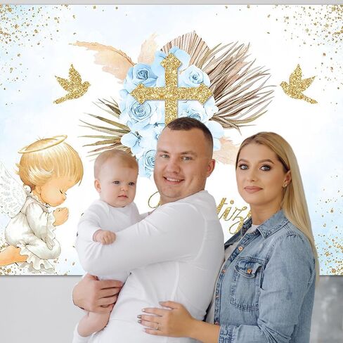 Avezano Mi Bautizo Backdrop Boho Baptism Party Decorations for Boy Blue Floral Angel God Bless Photography Background Christening Newborn Baby Shower Props(6x4ft) in Saudi Arabia