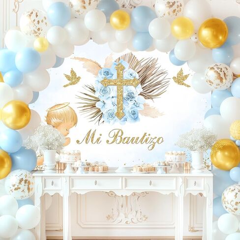 Avezano Mi Bautizo Backdrop Boho Baptism Party Decorations for Boy Blue Floral Angel God Bless Photography Background Christening Newborn Baby Shower Props(6x4ft) in Saudi Arabia