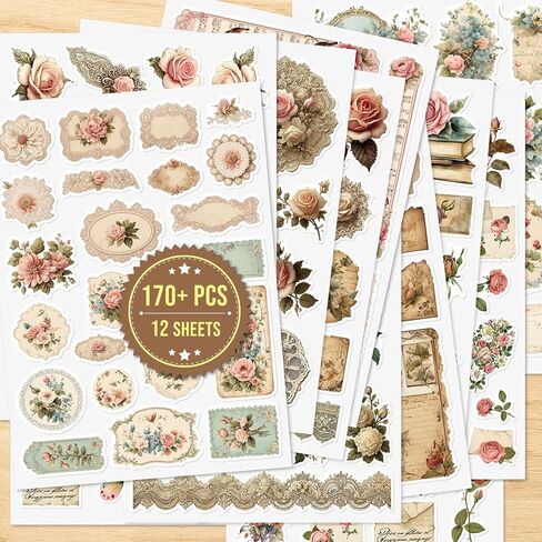 TSHIRTMAZING 100 Pcs (8 Sheet) Junk Journal Kit Scrapbook Vintage Stickers for Journaling, Junk Journal Supplies Scrapbook Kit with Paper, Stickers, Embellishments Vintage Flower Stickers in Saudi Arabia