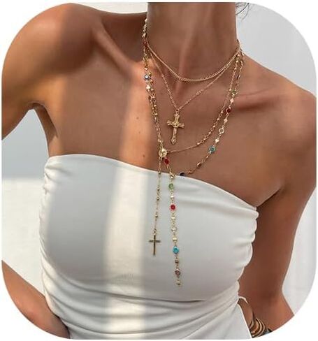Crystal Bead Necklace for Women Cross Pendant Clavicle Necklace Summer Long Tassel Chest Chain Jewelry Layered Rhinestone Neck Chain in Saudi Arabia