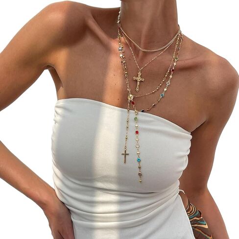 Crystal Bead Necklace for Women Cross Pendant Clavicle Necklace Summer Long Tassel Chest Chain Jewelry Layered Rhinestone Neck Chain in Saudi Arabia