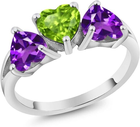 GEM Stone King 2.13 CTTW HEART GREEN PERIDOT و PURPLE AMETHYST 925 Sterling Silver 3-Stone RING | القلب 6mm | الأحجار الكريمة المولد | متوفر في الحجم 5 ، 6 ، 7 ، 8 ، 9 in Saudi Arabia