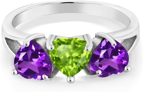 GEM Stone King 2.13 CTTW HEART GREEN PERIDOT و PURPLE AMETHYST 925 Sterling Silver 3-Stone RING | القلب 6mm | الأحجار الكريمة المولد | متوفر في الحجم 5 ، 6 ، 7 ، 8 ، 9 in Saudi Arabia