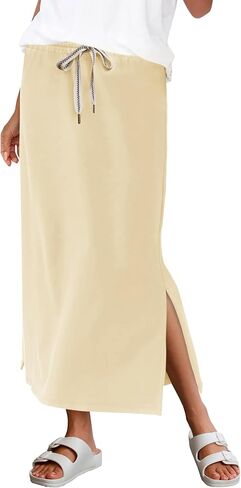 Yousify Womens Side Slit Maxi Skirts Elastic High Waisted Drawstring Casual Long Sweat Skirts in Saudi Arabia
