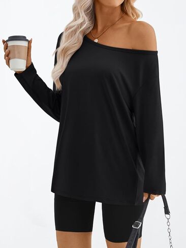 Trendy Queen Womens Off The Shoulder Tops Oversized Tshirts Long Sleeve 2025 Casual Basic Tees in Saudi Arabia