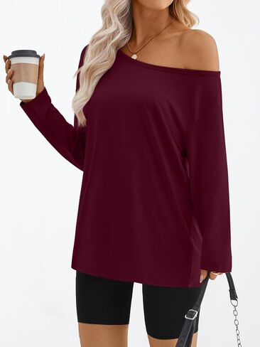 Trendy Queen Womens Off The Shoulder Tops Oversized Tshirts Long Sleeve 2025 Casual Basic Tees in Saudi Arabia