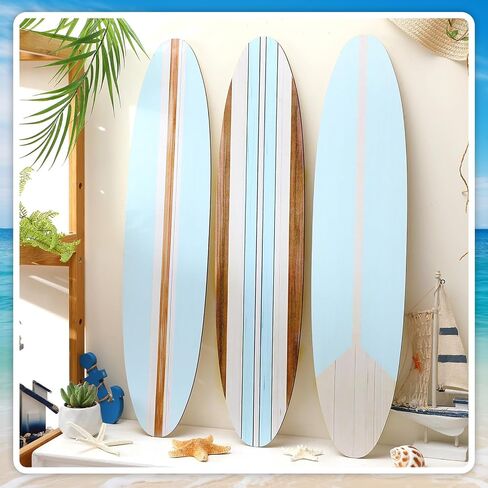Gerrii 3 Pieces Surfboard Wall Decor 23.6" x 5.4" Preppy Beach Room Decor Aesthetic Large Wooden Cute Beachy Tropical Wall Art for Surfer Bedroom Living Room Bathroom Decorations(Blue) in Saudi Arabia