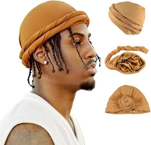 DouuYuhet Turban for Men Women, Vintage Twist Durag Head Wraps Satin Lined Halo Turban with Tassel Waves Braids in Kuwait