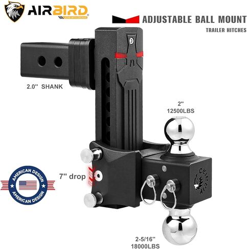 حامل كرة وصلة مقطورة قابل للتعديل من Airbird مع كرة مزدوجة 2 بوصة و2-5/16 بوصة، قطرة 7 بوصة، تناسب فقط جهاز استقبال وصلة ربط 2.5 بوصة، 20,000 رطل GTW - 722507 (2.5 بوصة 7 قطرة)... in Kuwait