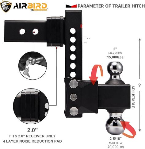 حامل كرة وصلة مقطورة قابل للتعديل من Airbird مع كرة مزدوجة 2 بوصة و2-5/16 بوصة، قطرة 7 بوصة، تناسب فقط جهاز استقبال وصلة ربط 2.5 بوصة، 20,000 رطل GTW - 722507 (2.5 بوصة 7 قطرة)... in Kuwait