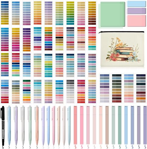 Book Annotation Kit 8000 Pcs Transparent Sticky Tabs 12 Aesthetic Highlighters 6 Colored Pens 5 Black Gel Pens 1 Line Pen 4 Sticky Notes with Canvas Bag for Bible Office Gift Supplies in Saudi Arabia