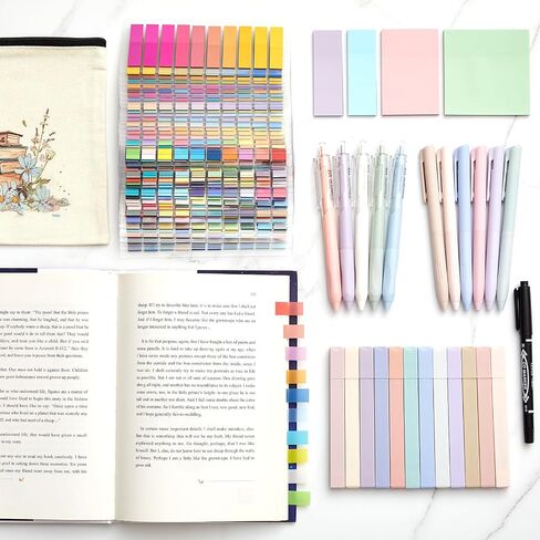 Book Annotation Kit 8000 Pcs Transparent Sticky Tabs 12 Aesthetic Highlighters 6 Colored Pens 5 Black Gel Pens 1 Line Pen 4 Sticky Notes with Canvas Bag for Bible Office Gift Supplies in Saudi Arabia