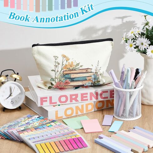 Book Annotation Kit 8000 Pcs Transparent Sticky Tabs 12 Aesthetic Highlighters 6 Colored Pens 5 Black Gel Pens 1 Line Pen 4 Sticky Notes with Canvas Bag for Bible Office Gift Supplies in Saudi Arabia