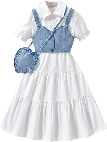 زر Verdusa Girl's Button Down Flared Flade Collared Dress مع سترة محصول الدنيم وحقيبة صغيرة in Kuwait