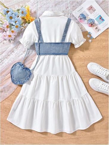 زر Verdusa Girl's Button Down Flared Flade Collared Dress مع سترة محصول الدنيم وحقيبة صغيرة in Kuwait