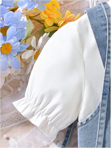 زر Verdusa Girl's Button Down Flared Flade Collared Dress مع سترة محصول الدنيم وحقيبة صغيرة in Kuwait