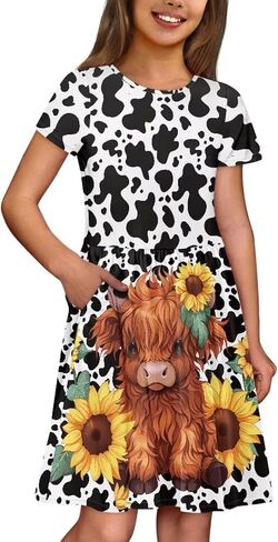 Girls Dresses Size 2-14 Kids Summer Short Sleeve Skater Dress Beach Midi Party Dresses in Kuwait