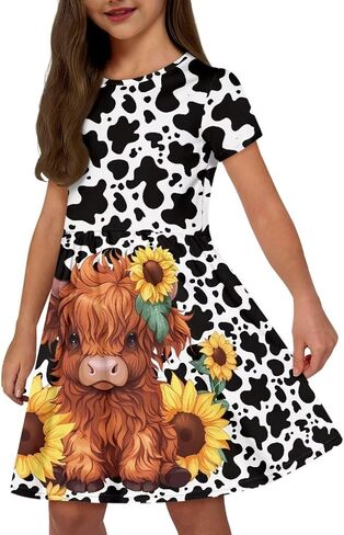 Girls Dresses Size 2-14 Kids Summer Short Sleeve Skater Dress Beach Midi Party Dresses in Kuwait