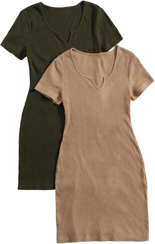 SOLY HUX Girl's 2 Piece T Shirt Bodycon Mini Dress Notched V Neck Short Sleeve Ribbed Knit Summer Dresses in Saudi Arabia
