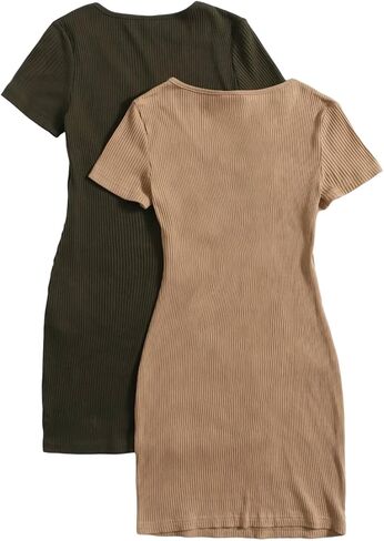SOLY HUX Girl's 2 Piece T Shirt Bodycon Mini Dress Notched V Neck Short Sleeve Ribbed Knit Summer Dresses in Saudi Arabia