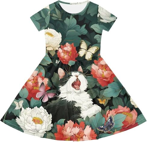 Girls Dresses Size 2-14 Kids Summer Short Sleeve Skater Dress Beach Midi Party Dresses in Kuwait