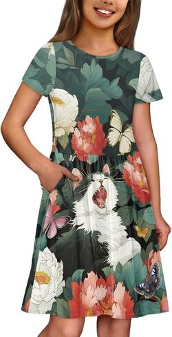Girls Dresses Size 2-14 Kids Summer Short Sleeve Skater Dress Beach Midi Party Dresses in Kuwait