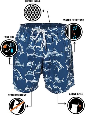 UZZI Men's Swim Trunks Shark Print Shorts with Mesh Lining in Kuwait