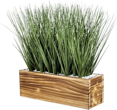 MyGift 12 Inch Artificial Green Grass Plants in Rustic Black Solid Wood Planter Box, Faux Greenery Plant Centerpiece in Decorative Rectangular Wooden Container in Saudi Arabia