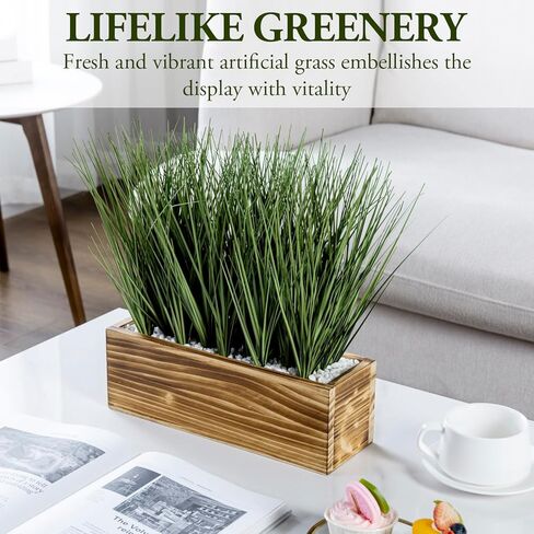 MyGift 12 Inch Artificial Green Grass Plants in Rustic Black Solid Wood Planter Box, Faux Greenery Plant Centerpiece in Decorative Rectangular Wooden Container in Saudi Arabia