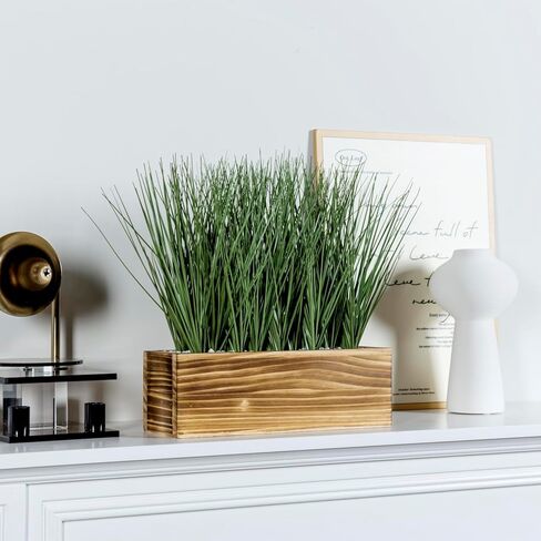 MyGift 12 Inch Artificial Green Grass Plants in Rustic Black Solid Wood Planter Box, Faux Greenery Plant Centerpiece in Decorative Rectangular Wooden Container in Saudi Arabia