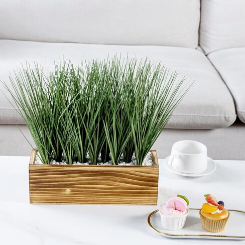 MyGift 12 Inch Artificial Green Grass Plants in Rustic Black Solid Wood Planter Box, Faux Greenery Plant Centerpiece in Decorative Rectangular Wooden Container in Saudi Arabia