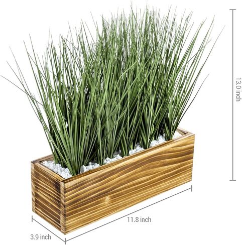 MyGift 12 Inch Artificial Green Grass Plants in Rustic Black Solid Wood Planter Box, Faux Greenery Plant Centerpiece in Decorative Rectangular Wooden Container in Saudi Arabia