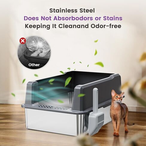Extra Large Stainless Steel Cat Litter Box with High Sided, 28" L x 20" W x 14" H XXL Litter Box for Big Cats Multiple Cats, Enclosure Cat Litter Box with Anti-Urine Leakage, Easy Clean in Saudi Arabia