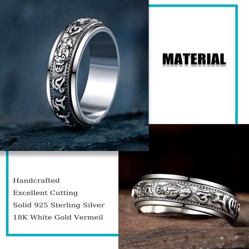 Feng Shui Pi Xiu Ring ، 925 Sterling Silver Silver التبتية البوذية خاتم تعويذة من ستة كلمات ، وجذب الثروة لضمان السلام المحظوظ تميمة تخفيف الإجهاد الرجال النساء in Kuwait