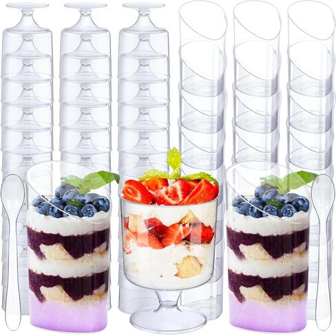 100 Pack Mini Dessert Cups with Spoons Small Plastic 3 oz Slanted Round Shooter Disposable Clear Plastic Parfait Appetizer Cup for Tasting Sample Appetizers in Saudi Arabia