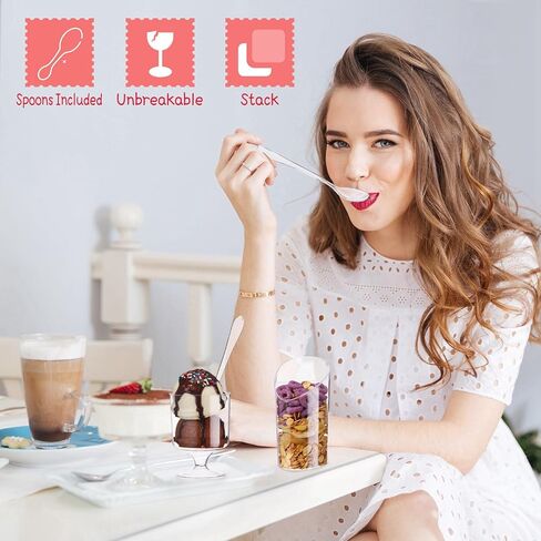 100 Pack Mini Dessert Cups with Spoons Small Plastic 3 oz Slanted Round Shooter Disposable Clear Plastic Parfait Appetizer Cup for Tasting Sample Appetizers in Saudi Arabia