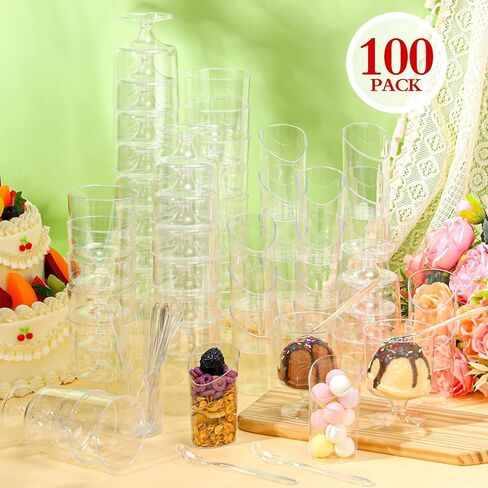 100 Pack Mini Dessert Cups with Spoons Small Plastic 3 oz Slanted Round Shooter Disposable Clear Plastic Parfait Appetizer Cup for Tasting Sample Appetizers in Saudi Arabia