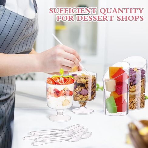 100 Pack Mini Dessert Cups with Spoons Small Plastic 3 oz Slanted Round Shooter Disposable Clear Plastic Parfait Appetizer Cup for Tasting Sample Appetizers in Saudi Arabia