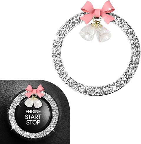 Hovom Cute Bow Bling Car Push Start Button Decoration Ring, Crystal Rhinestone Engine Start Button Cover, Push to Start Sticker Car Decoration, Automotive Key Ignition & Knob Bling Ring (White) in Saudi Arabia