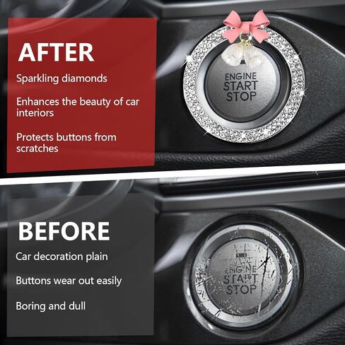 Hovom Cute Bow Bling Car Push Start Button Decoration Ring, Crystal Rhinestone Engine Start Button Cover, Push to Start Sticker Car Decoration, Automotive Key Ignition & Knob Bling Ring (White) in Saudi Arabia