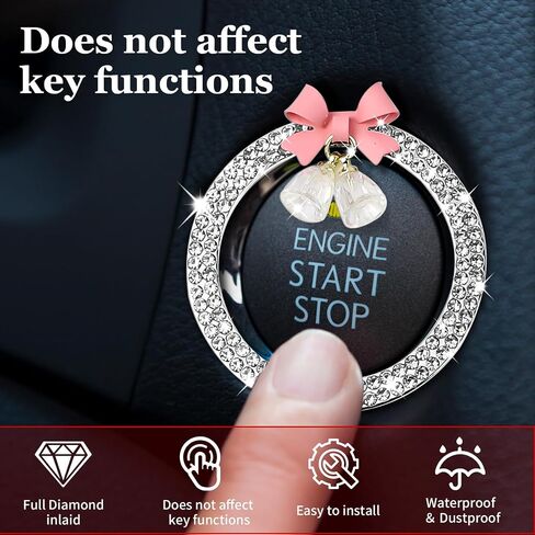 Hovom Cute Bow Bling Car Push Start Button Decoration Ring, Crystal Rhinestone Engine Start Button Cover, Push to Start Sticker Car Decoration, Automotive Key Ignition & Knob Bling Ring (White) in Saudi Arabia